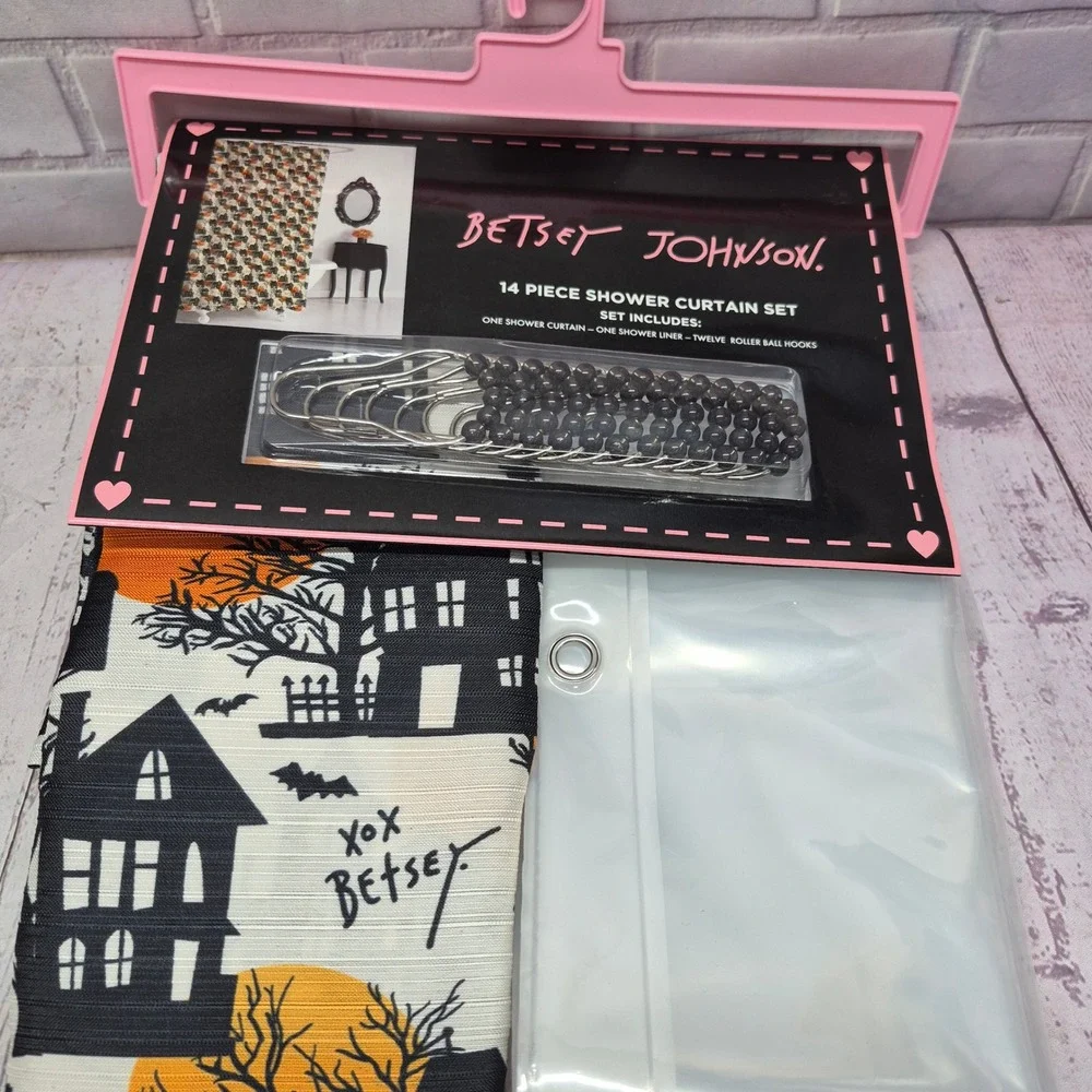 Betsey Johnson Haunted Houses Halloween Shower Curtain Set 14pc Orange Black NEW
